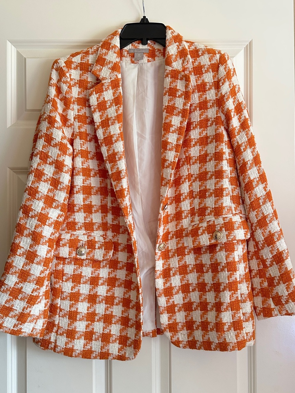 H&M Orange & White Checked Tweed Blazer - Picture 3 of 12
